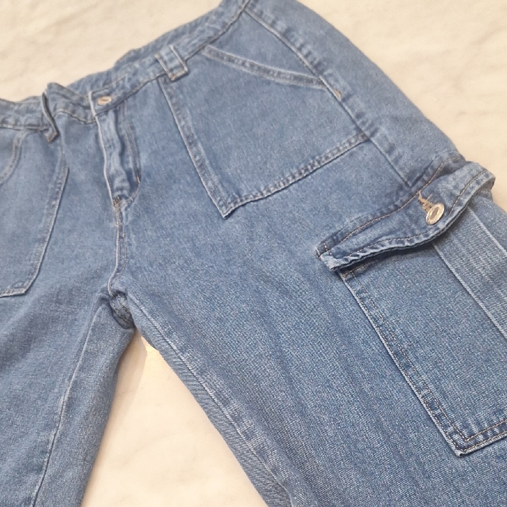 Flvsun Cargo Wideโ Leg Blue Denim High Waisted Womens Jeans Sz 8/10 Skater Cali